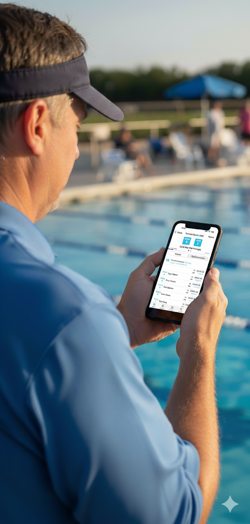 Man in blue shirt and visor holding a phone with SwimminglyFan app showing meet results. There is a pool in the background.
