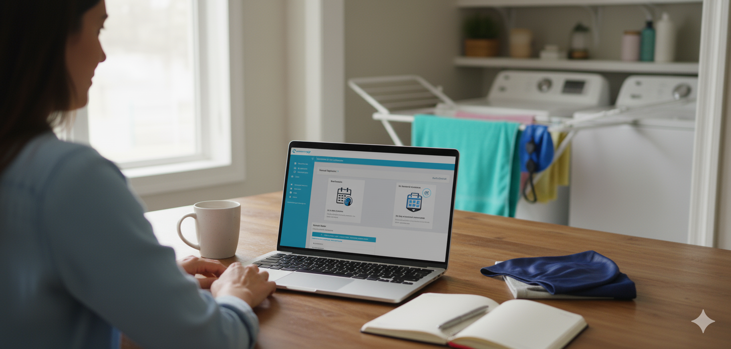 Table with laptop and white coffee mug, bottom corner of window can be seen in the background. Computer screen shows the Swimmingly Clubhouse.
